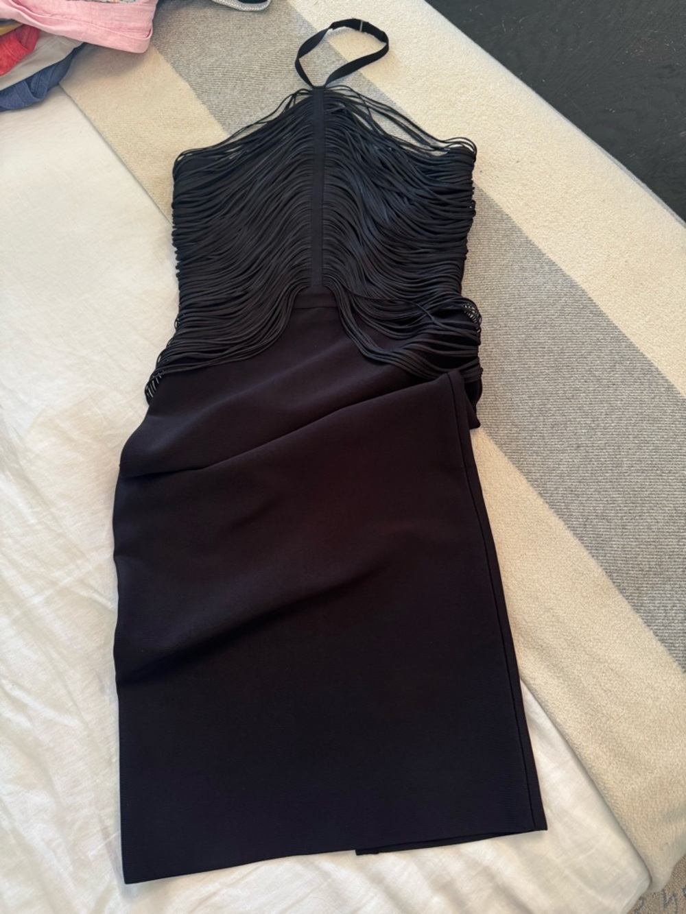 Herve Leger Black Halter Ruched Overlay Dress
